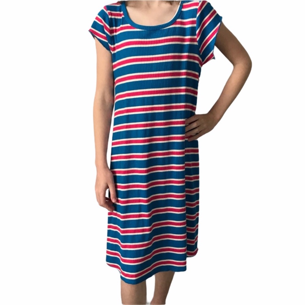 1st KISS Dress Girls Size 7/8 T-Shirt Dress stripes Blue Pink Short Sleeve